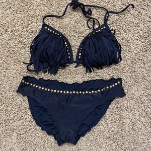 Luli Fama sz L full rouched bottom and XL triangle top / fringe studs & crystals